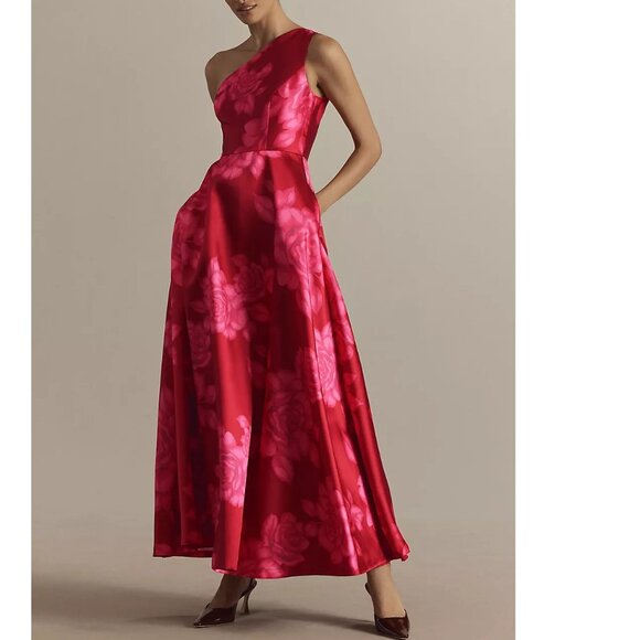 NEW HUTCH CASSANDRA ONE SHOULDER MAXI DRESS IN RED MIKADO SIZE S - Picture 1 of 11
